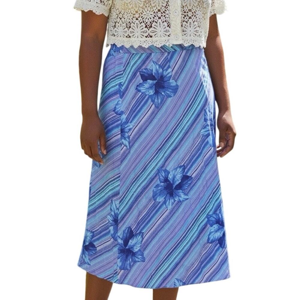 Rayon Floral Stripe A Line Skirt Blue Purple Sz Large